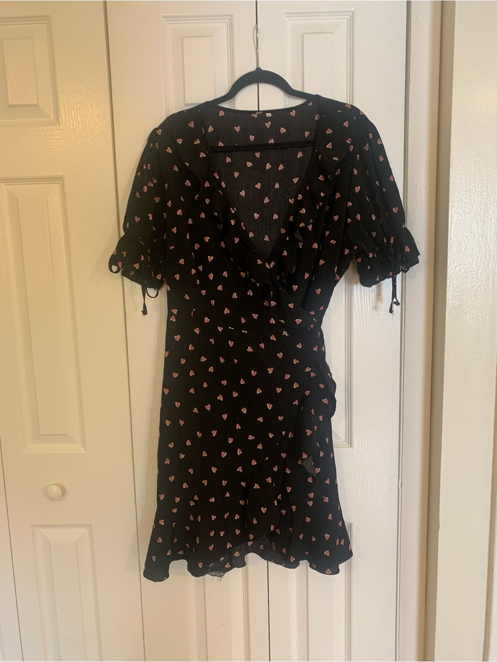 Women's Black Wrap Dress with Pink Heart Print